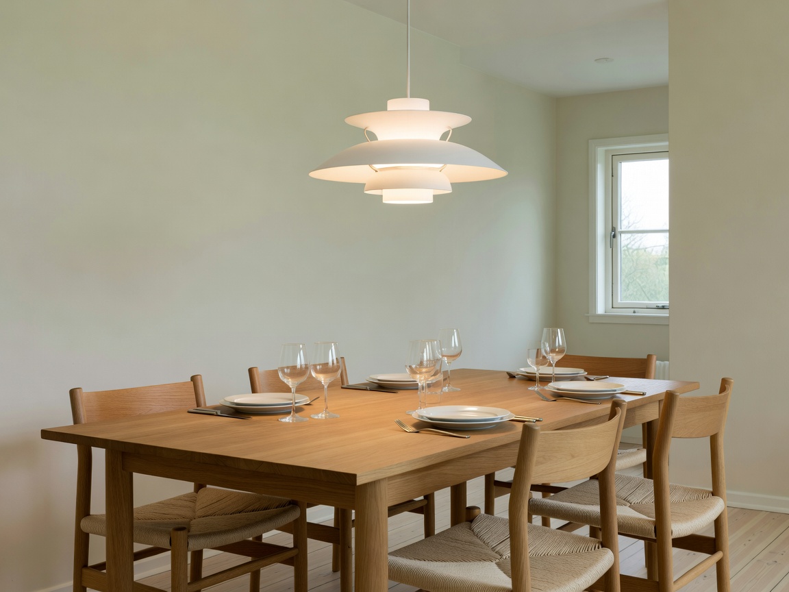 Louis Poulsen classic geometric layered pendant lamp illuminating a Danish dining table