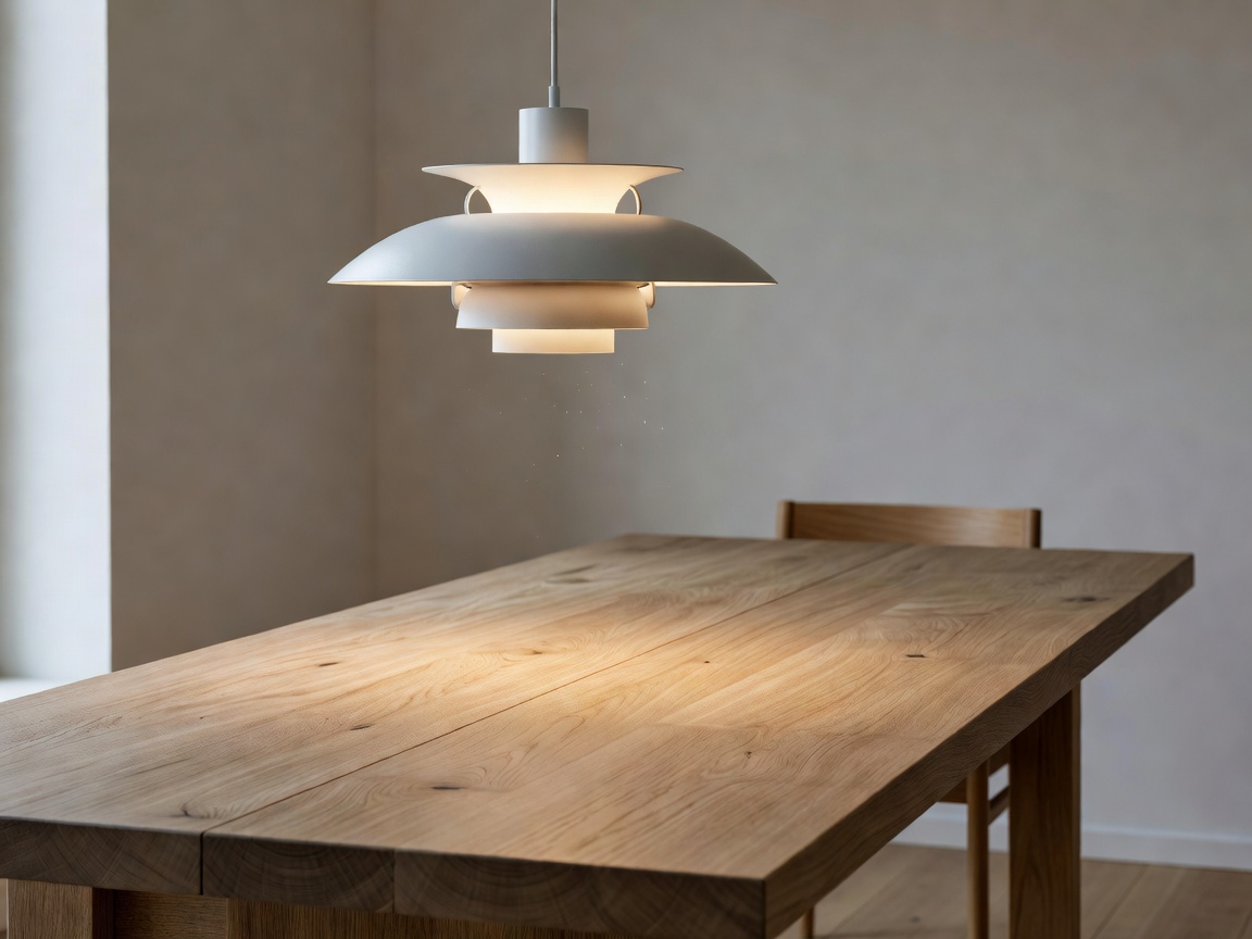 Louis Poulsen PH 5 pendant lamp hung low over an untreated oak dining table
