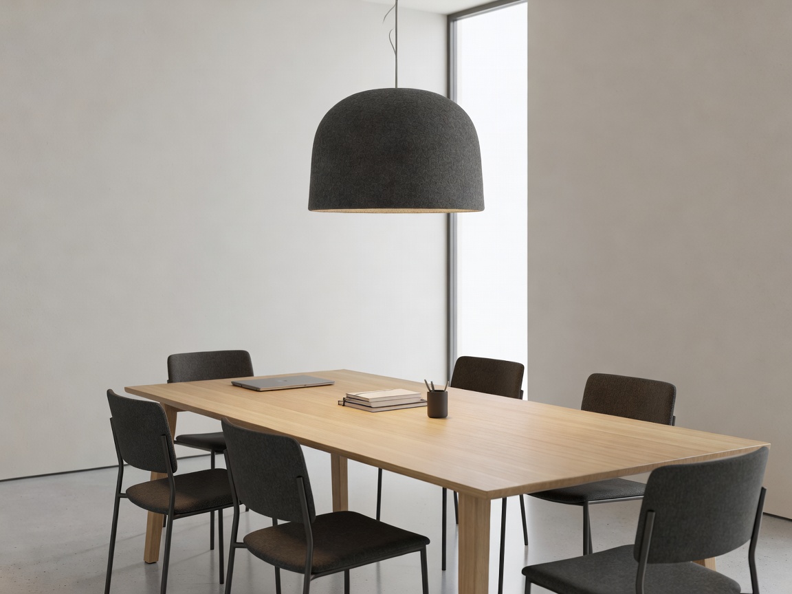 Muuto Under the Bell acoustic pendant lamp hanging above a modern conference workspace