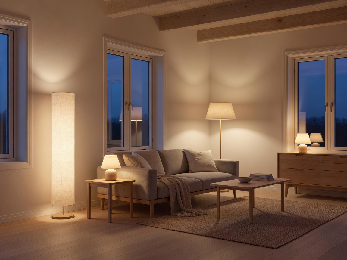 Nordic living space illuminated by warm layered floor and table lamps at dusk