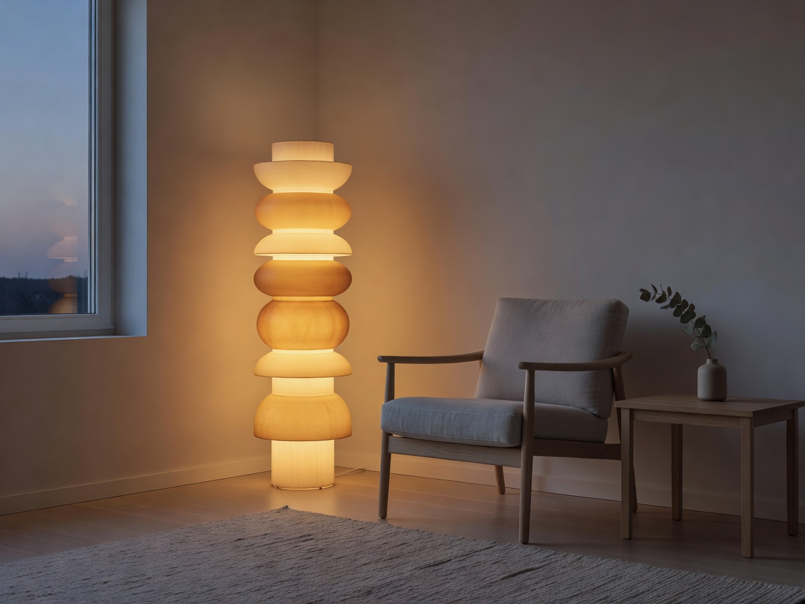 Soft amber layered luminaire illuminating a Danish living room corner during twilight